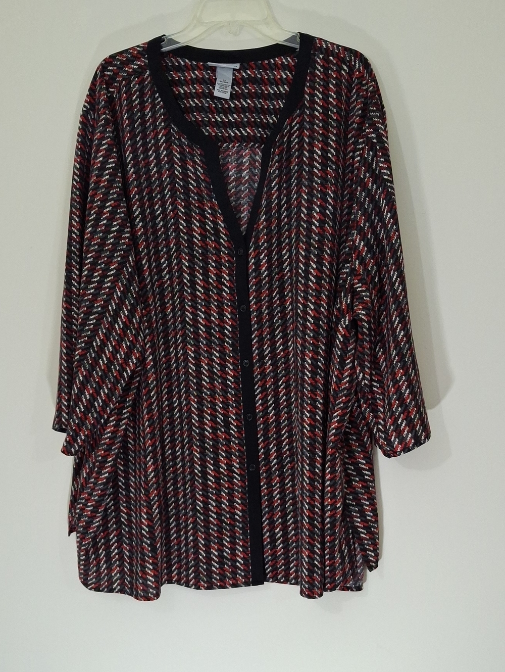 Catherines Black Button-Front Top with Red & White Pattern, Size 5X